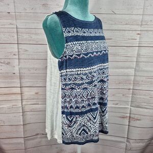 Chaps Womens Sz L Sleeveless Tunic Tank Top Blue White Aztec Print Layer Comfy